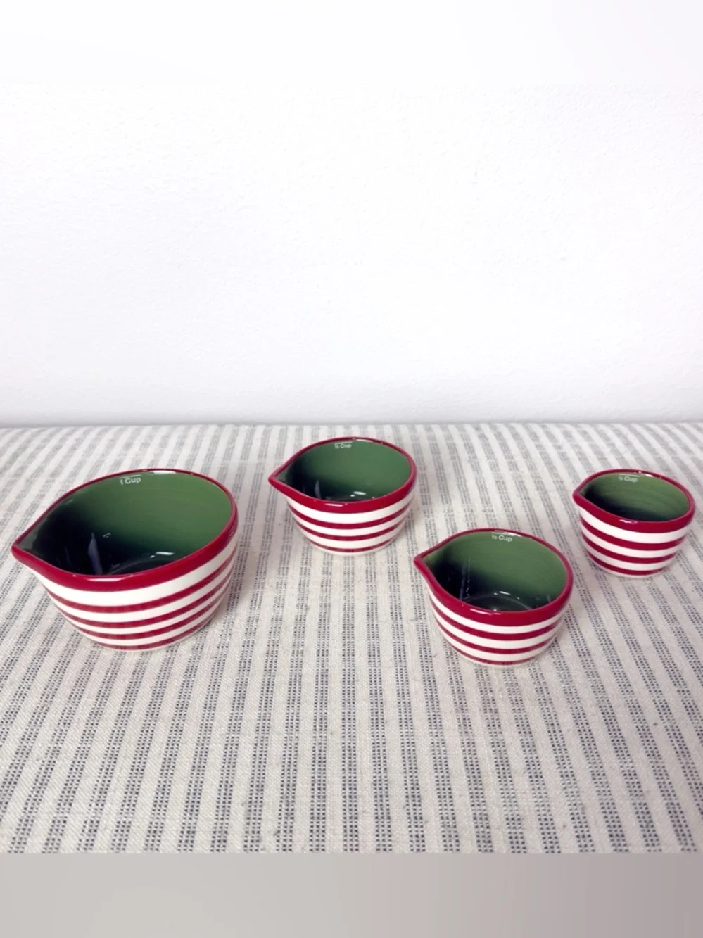Crate&Barrel Holiday Stripe Measuring Nesting Cups Hand Painted Red Green